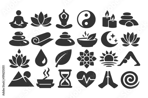 Collection of yoga and wellness icons featuring meditation elements and nature symbols.
