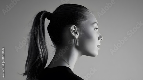 Elegant portrait of a woman showcasing timeless beauty and refined style against a soft neutral backdrop