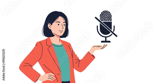 Woman holding a muted microphone with her hand on hip standing confidently