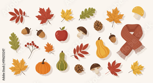 Autumn elements collage featuring leaves, pumpkins, and scarf in a flat design on a neutral background from a top view