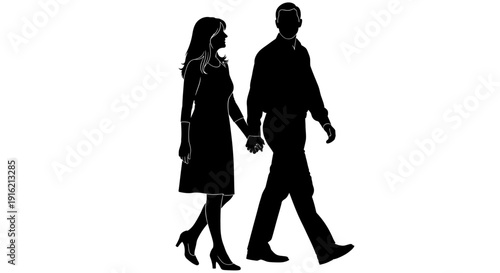 Couple walking together, holding hands, modern illustration of love and companionship