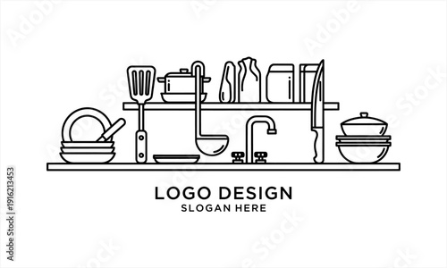 Minimalist Kitchen Utensils and Sink Line Art Logo Design.