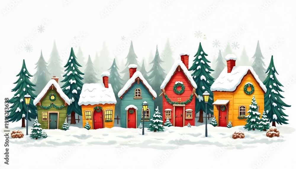 Fototapeta premium Colorful cartoon houses in snow covered village with pine trees. Festive winter scene with snowflakes falling. Houses decorated with wreaths, garlands. Cozy Christmas holiday atmosphere, New Year