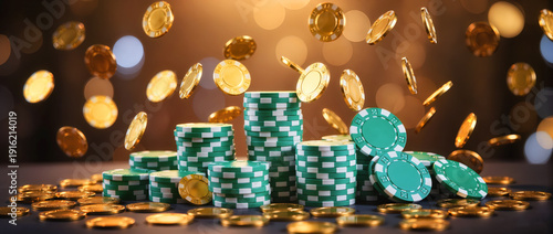 Colorful chips and shiny coins create a vibrant casino atmosphere at night