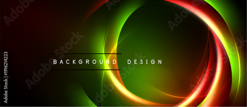 Abstract neon lights form circular shapes. Green, red, yellow hues blend into dark background. Text reads background design.