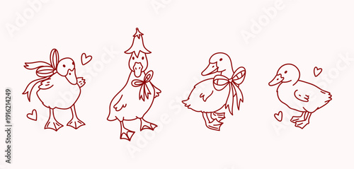 Set of happy little birds goose with flower, bows, hearts. Collection cute baby animals. Spring or summer hand drawing sketch artwork
