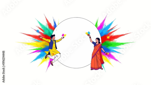 Vibrant dancers in dynamic motion surrounded by colorful splashes in circular formation