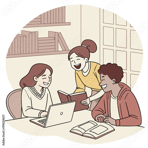 Happy smiling teens students studying in group. vector file