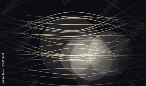 Abstract Black Background with Elegant Gold Undulating Waves and Glowing White Orbs.