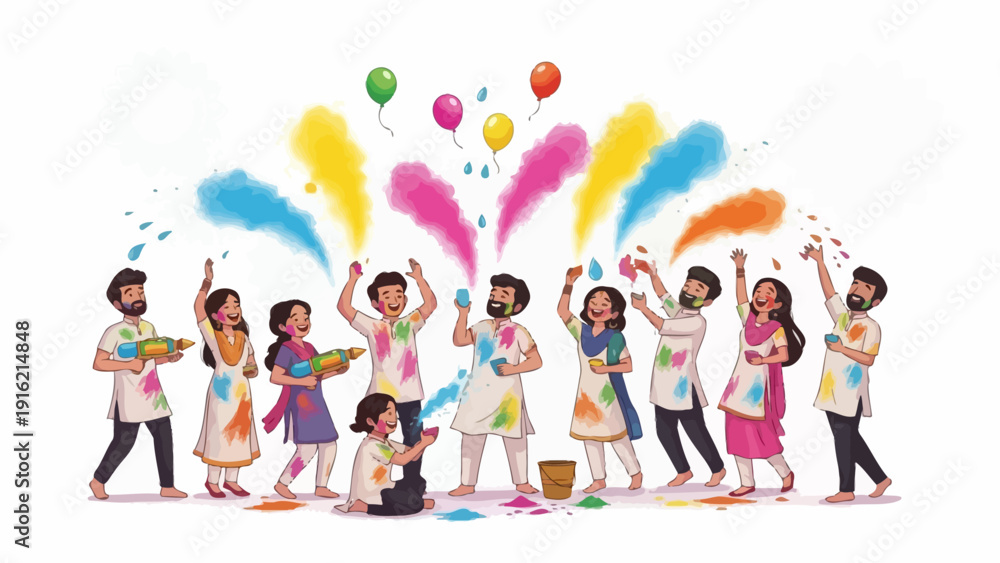 Fototapeta premium Vibrant group of people celebrating Holi festival with colorful powder and balloons in joyful atmosphere