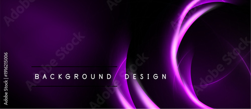 Dark purple abstract background. Bright neon curves create dynamic visual effect. Text reads background design. Modern, sleek presentation.