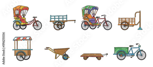 Collection of various cartoon vehicles including rickshaws, carts, and a wheelbarrow.