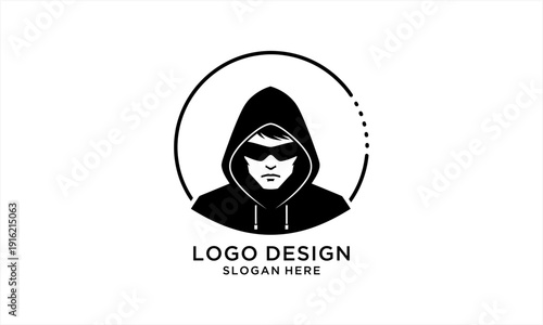 Mysterious hooded figure with sunglasses in a circular frame logo design.