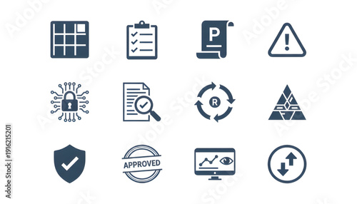 Vector icon set for business operations, data management, security, and analytical processes, essential for digital interfaces