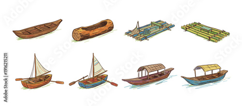 A collection of eight different types of boats and watercraft, including canoes, rafts, and sailboats, depicted in an illustrative style.