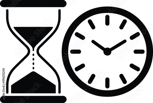 Hourglass and wall clock icon, time management and countdown timer symbol, solid vector illustration