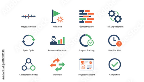 Comprehensive set of project management and business workflow icons for modern digital applications and process visualization