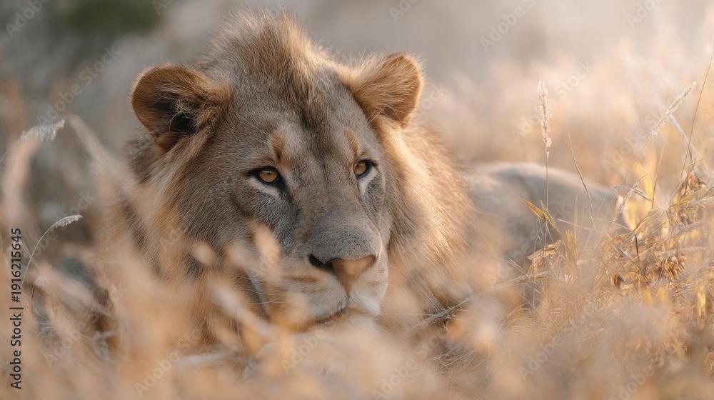 Obraz premium Close-up of a lion's face. the lion is lying in a field of tall, golden grass. its fur is a golden-brown color and its eyes are a piercing yellow.