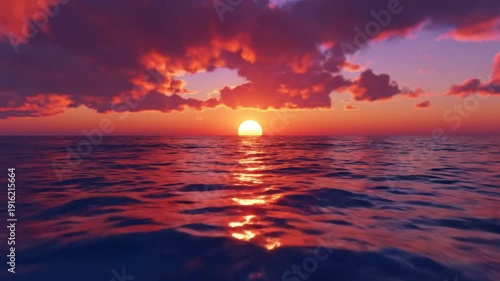 Stunning sunset over the ocean with vibrant orange and purple clouds reflecting on the water at dusk