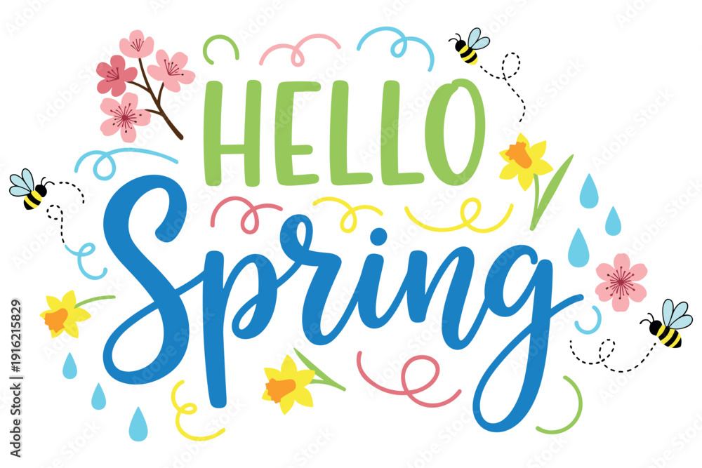 Obraz premium Hand drawn Spring lettering composition decorated with flowers, leaves and botanical doodles for greeting cards, posters, stickers, and seasonal spring designs