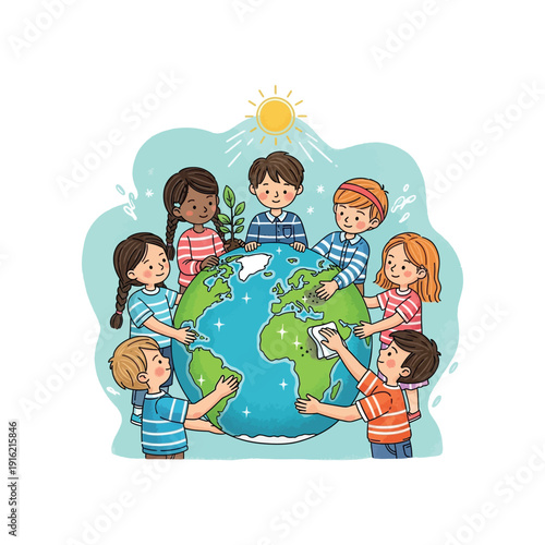 Children Holding Globe Together Smiling.