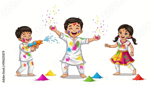 Children celebrating Holi festival with colored powders and water in joyful atmosphere