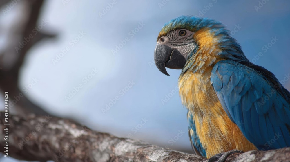 Obraz premium Close-up of a blue and gold macaw perched on a tree branch. the macaw has a bright blue body with gold accents on its wings and tail.