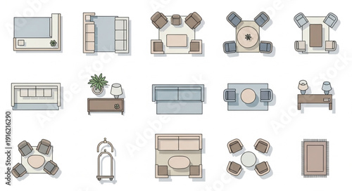 Collection of top down interior design furniture layouts.
