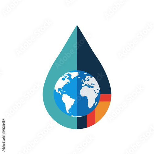 A stylized teardrop icon with a blue globe inside, representing global water issues and environmental concerns.