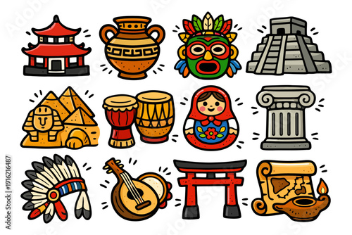 Cultural icons: temple, vase, mask, pyramid, drums, nesting doll, column, headdress, mandolin, torii, map.