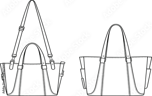 Black and white line of two tote bags one with a shoulder strap handbag shoulder bag