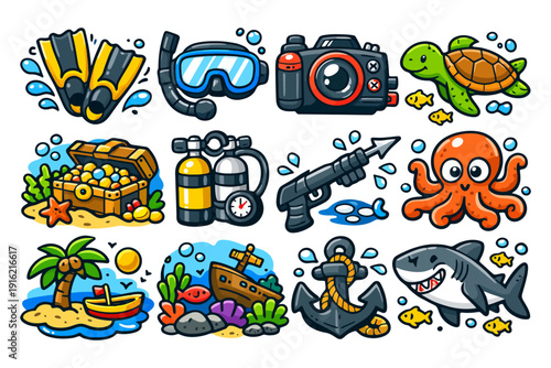 Colorful cartoon ocean adventure set with diving gear, marine life, and treasure.