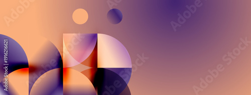 Abstract geometric shapes blend orange, purple hues. Minimalist design creates modern, calming visual experience. Soft gradients dominate composition.