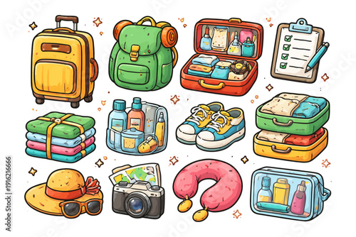 Travel essentials: luggage, gear, and accessories for an organized trip.