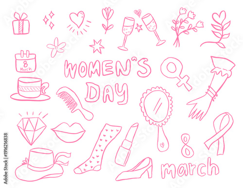 Pink color Women's day doodle drawings collection. Perfect for use on scrapbook, journal, icons or stickers