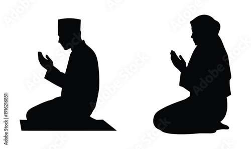 Husband and wife praying after prayer in silhouette and vector format_26