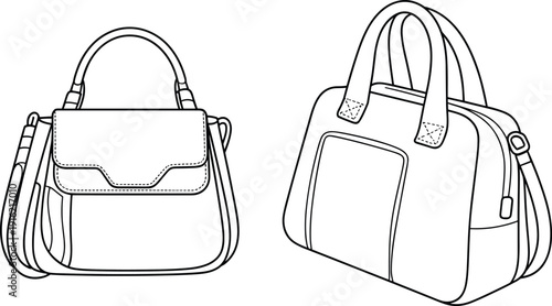 Two black and white line of handbags one on the left with a flap closure and shoulder strap and one on the right a duffel style bag with a zippered and front pocket