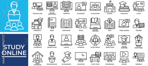 Study Online icon set collection. Containing students, teaching, guidance, lesson, seminar, academic, graduate .Line vector icons collection