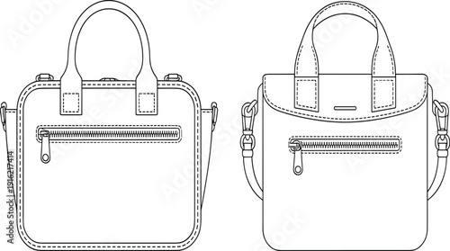 Two black line of handbags with zippers and straps on a white background purse accessory