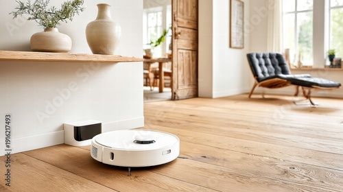 Modern robotic vacuum cleaning a bright, stylish room with wooden floors.