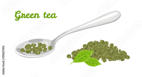 Dry green tea leaves in spoon isolated on white background. Vector cartoon flat illustration. 