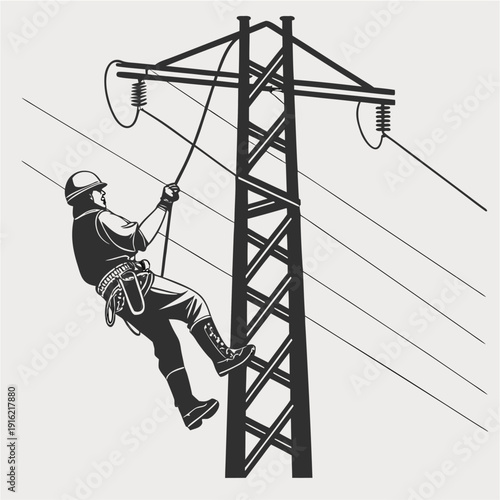 Utility Worker Rappelling Electricity Pylon

