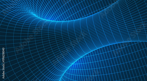 Abstract topography tunnel with 3D wireframe mesh and neon blue glowing geometric grid representing digital terrain and fluid flow, landscape vector illustration.