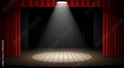 Theatrical stage with red curtains and spotlight shining down on wooden floor in darkness