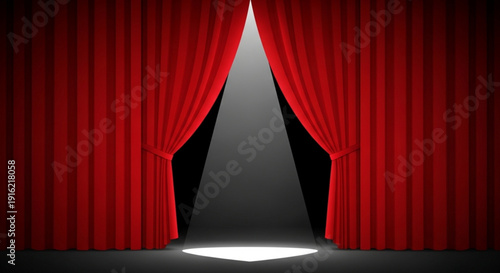 Dramatic red curtains opening to reveal a spotlight on a dark stage for theater performance or presentation