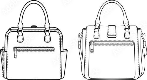 Two black line of women's handbags on a white background purse accessory fashion