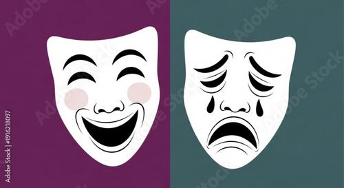 Theatrical comedy and tragedy masks on purple and green backgrounds symbolizing emotions and drama