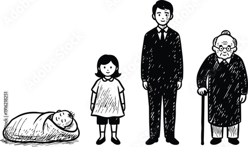 Black and white human life stages silhouette sketch from infant to elderly figure