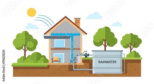 Rainwater harvesting system for home with underground storage tank and downspout
