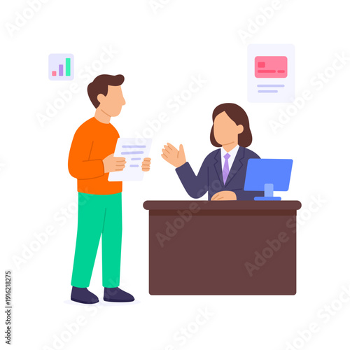 Application Submission Desk, assisting applicants with formal process, Flat vector character illustration